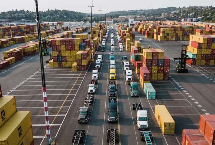 Trucks queuing in lanes at a container terminal